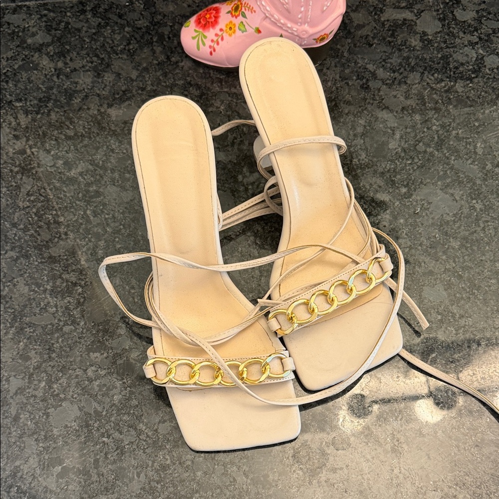 Mango Cream Sandals with Gold Chain Detail